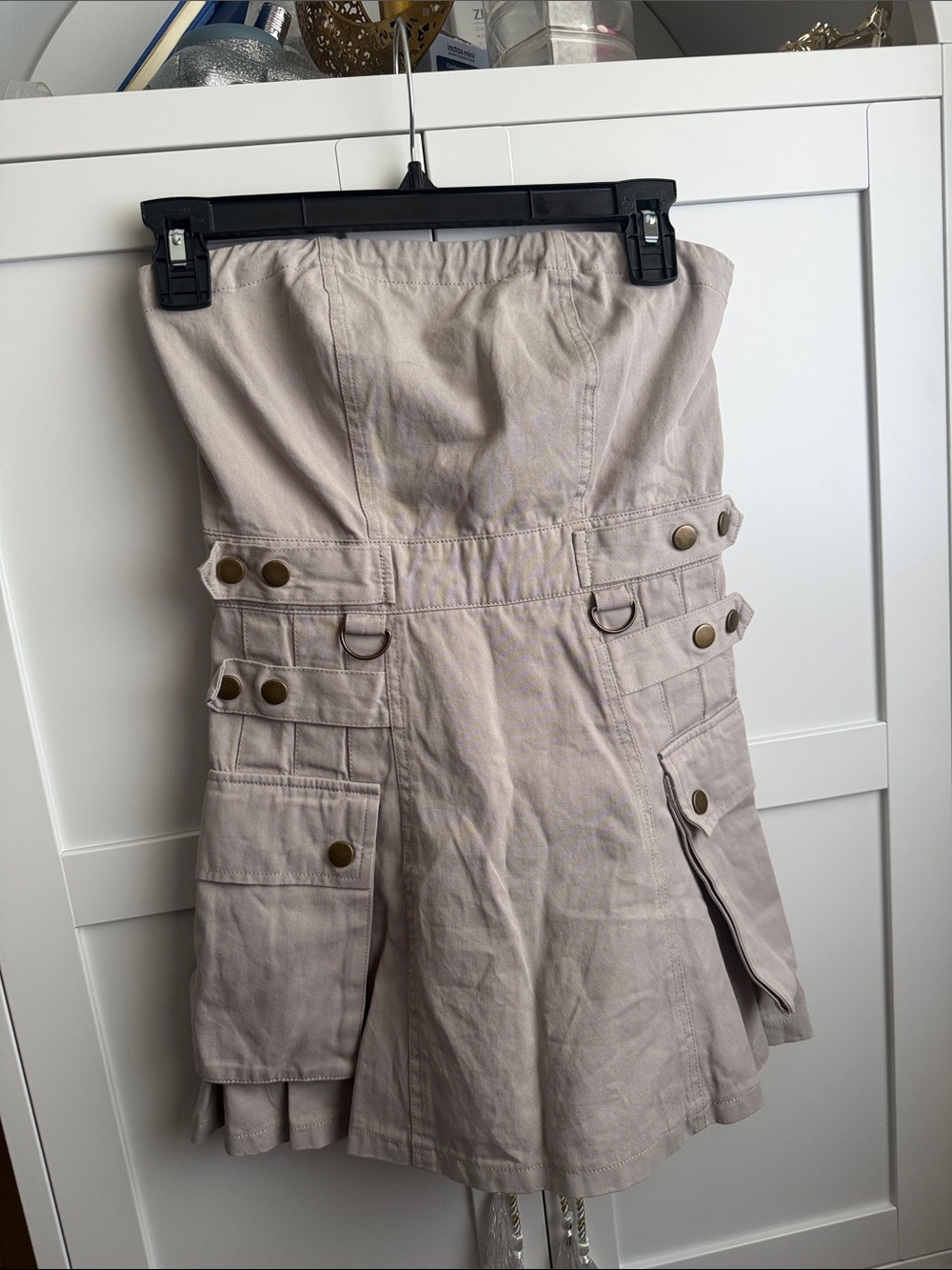 Strapless Utility Pocket Skirt Dress in Light Beige